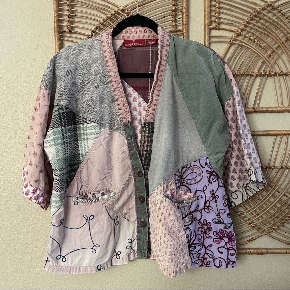 Sacred Threads Patchwork Top Kimono Cardigan Boho… - image 1